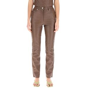 Saks Potts Rosita Brown Leather Monogram Leather Straight Leg Pants 1 Small